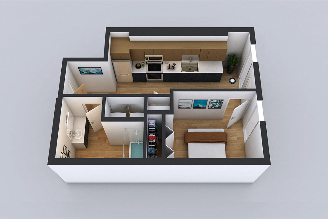 Floor plan for 1 bed, 1 bath, 526 sqft